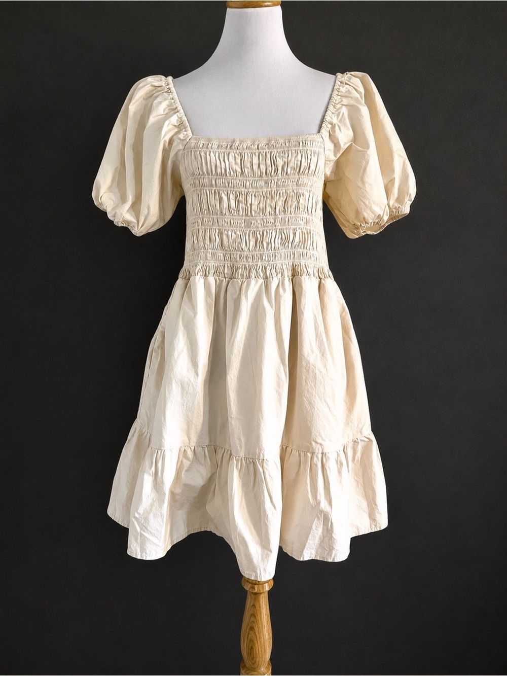 Eliza J Cream Smocked Puff-Sleeve Mini Dress Victorian cottage boho cotton 14 - Picture 2 of 9